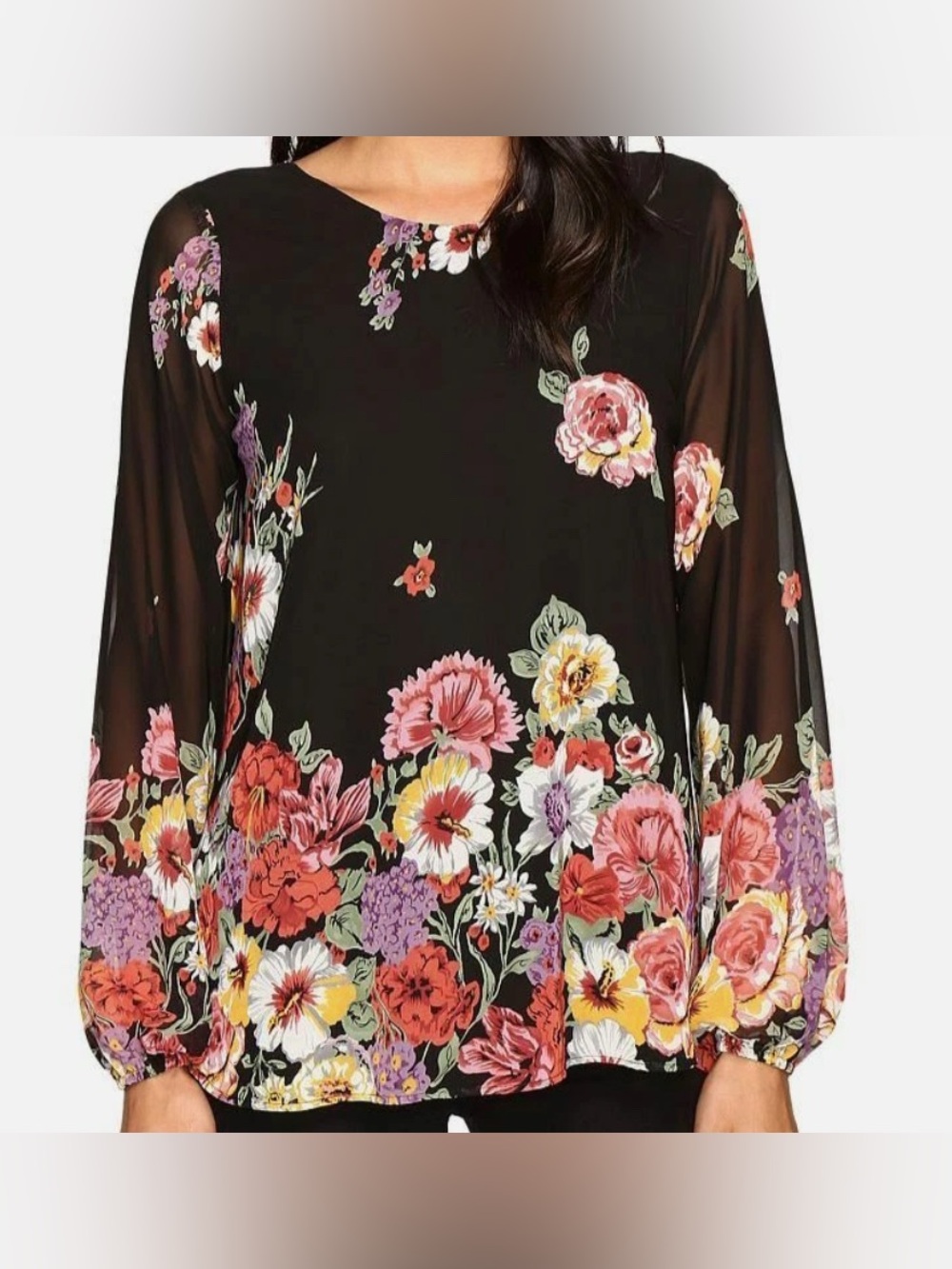Show Me Your Mumu Women's Black Floral Long-Sleeve Casual Blouse Top Size S